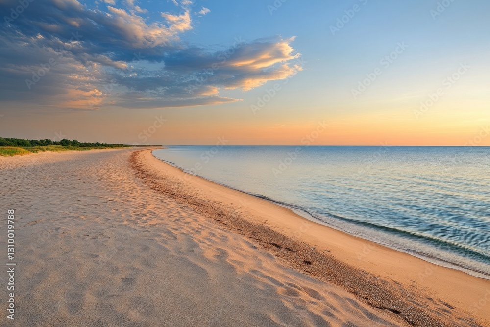Aufkleber Serene sunset over an empty beach with a stretch of sand and calm waters inviting relaxation and reflection Generative AI