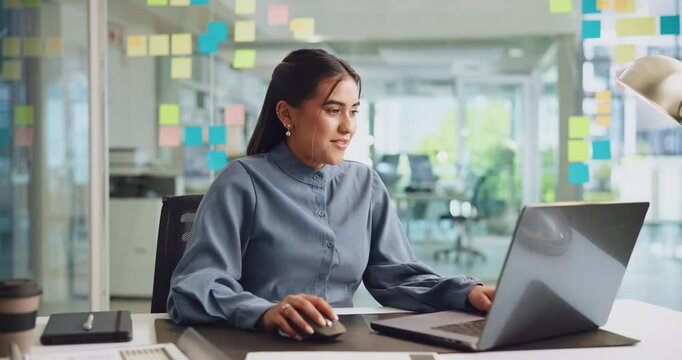 Office, businesswoman and typing with laptop for information, article research and proofreading. Smile, female person and journalist in creative agency for news publication, blog website and editing