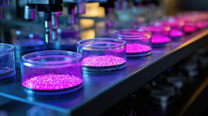 Scientists collaborate in a futuristic lab to develop innovative plastic alternatives