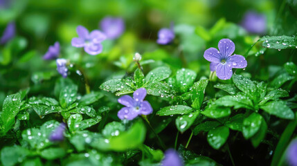 Obraz premium Vibrant purple flowers amidst lush greenery with dew drops
