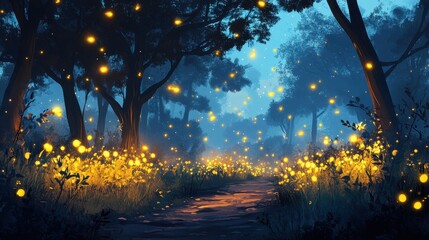 Enchanted Forest Path: A Magical Glow of Fireflies and Moonlight