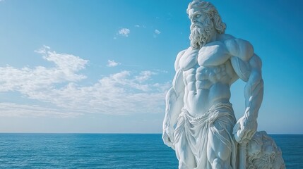 Poseidon's Majesty: A Marble God Overlooking the Azure Sea and Cloudy Skies