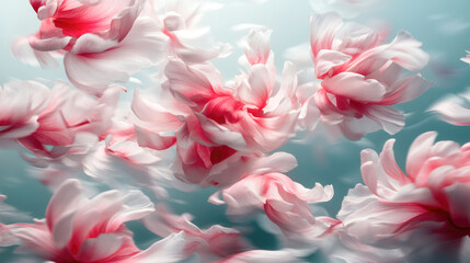 Fototapeta premium Pink and white peony petals floating in dreamy blue background