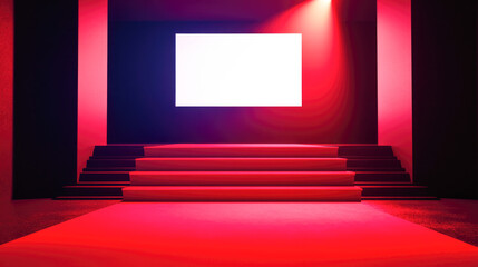 Red carpet stairs and illuminated screen in dramatic stage setting
