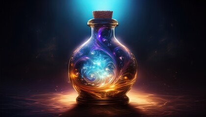 A magical potion bottle glows with vibrant colors and swirling energies, captivating all.