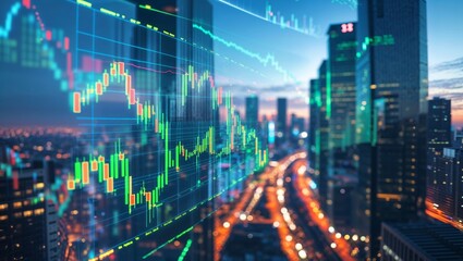 Trendy city skyline with financial data overlay during twilight showcasing modern commerce and technology