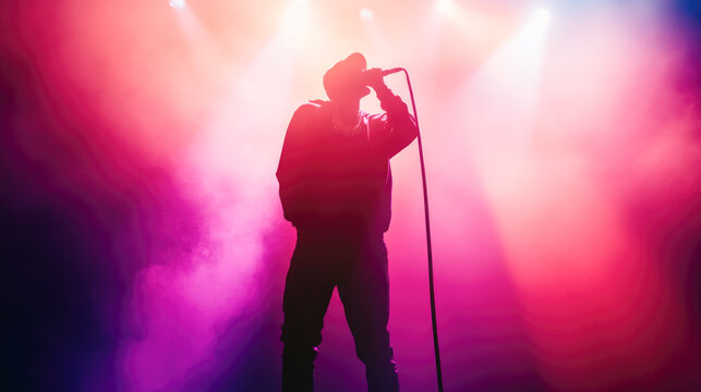 Silhouetted male african singer on stage with colorful lights during concert performance