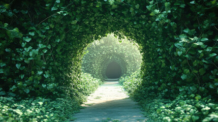 Mystical green leaf tunnel pathway leading to a bright horizon