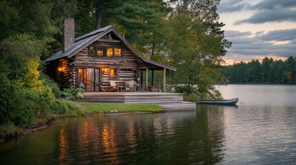 Obraz premium A charming lakeside cabin with rustic wooden architecture and a serene water view --ar 16:9 --v 6.1 Job ID: 1240317a-32f6-4874-b9a1-08fd83dfcadf
