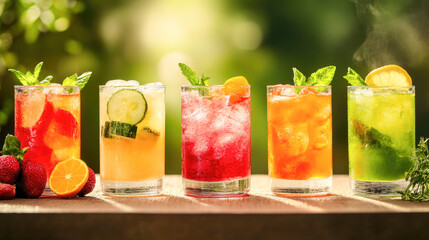 Colorful assorted fruit cocktails with citrus and mint in sunlit garden