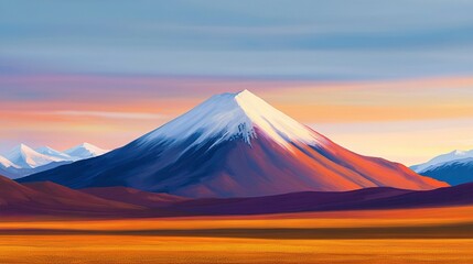 Fototapeta premium A mountain range in the distance is bathed in sunlight during a sunset, while clouds loom behind