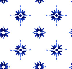 Hand painted watercolor flower like Moroccan scroll ornamental allover seamless tile pattern in repeat.