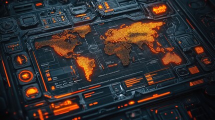 Global Network Interface: World Map on Advanced Hi-Tech Panel with Data and Futuristic Elements