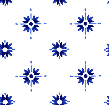 Hand painted watercolor flower like Moroccan scroll ornamental allover seamless tile pattern in repeat.