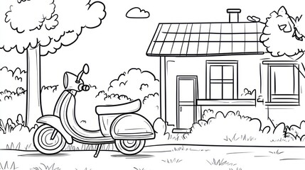 Simple scooter illustration near a small house in a park. Use Children's book illustration