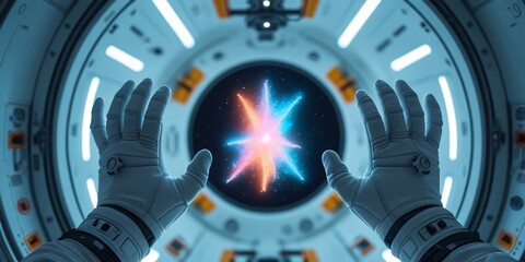 Obraz premium Astronaut hand in flight suit glove controlling digital hologram floating above gravity free hand in outer space in high tech futuristic art style beyond imagination.