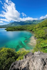 A beautiful mountain lake with a clear blue water. The sky is cloudy but the sun is shining