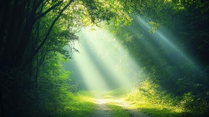 Sunlight filters through the trees along a wooded trail.