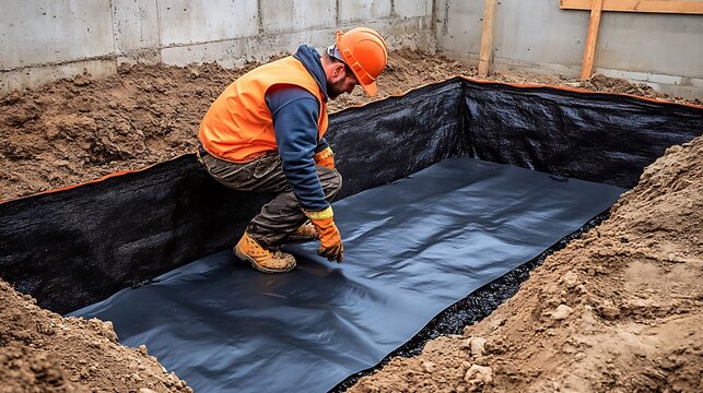Construction worker installing waterproof barrier in foundation pit