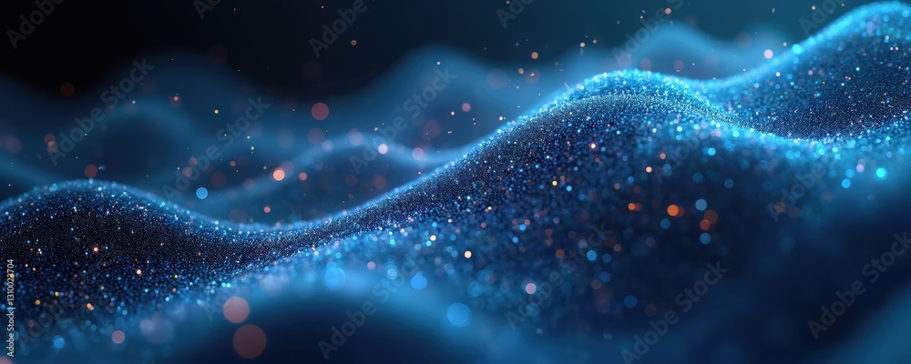 Poster abstract particle wave with blue bokeh light background. rendered 3d wave line dot pattern with glow