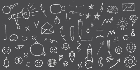 Hand drawn grunge texture doodle set with tick, mark, checkboxes, correct or wrong symbols. Chalk or crayon effect vector elements on black background for underline in business presentation, checklist