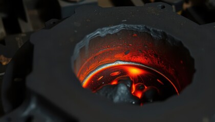 Molten metal pouring process industrial foundry close-up shot high-temperature environment dynamic viewpoint
