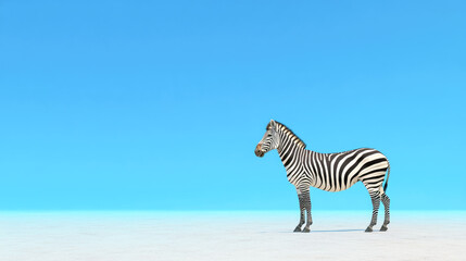 Solitary zebra standing in bright desert landscape under clear blue sky