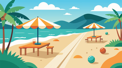 A beachside restaurant offers free bocce ball sets to customers encouraging them to unwind and enjoy a game on the soft white sand.. Vector illustration