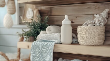 Cozy nursery shelf with baby bottle, soft towels, and decorative items for a warm atmosphere.