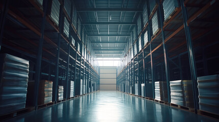 Obraz premium Spacious industrial warehouse interior with stacked pallets and high ceilings