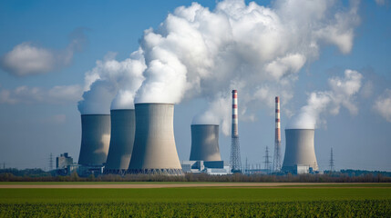 Nuclear power plant with cooling towers emitting steam in industrial landscape