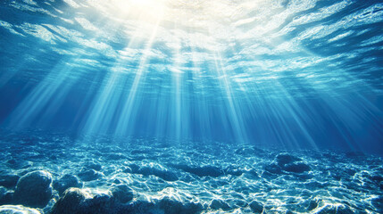Sunlight piercing through clear ocean water illuminating sandy seabed