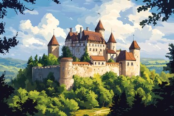 Obraz premium Medieval castle rising above green forest under cloudy sky