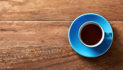 Elevated Perspective Striking Blue Mug Perched on Rustic Wooden Tabletop Amidst Cozy and Minimalistic Interior, Capturing Serene Tranquility and Inviting Simplicity.
