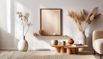 VogueInspired Modern Living Space White Wall Artistry With Mock Poster Frame, Coffee Table, Dripping Vase Elevating Minimalistic Chic