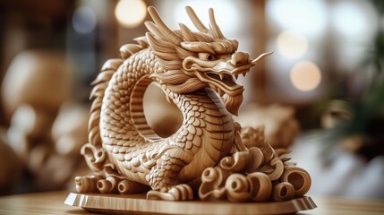 Fototapeta premium Wooden dragon sculpture elegantly displayed on a table.