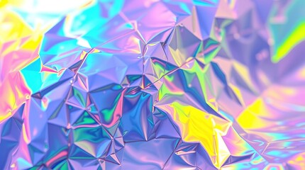 Close-up abstract of a holographic surface with a textured grid pattern.  The surface reflects vibrant blue, pink, yellow, and green. 