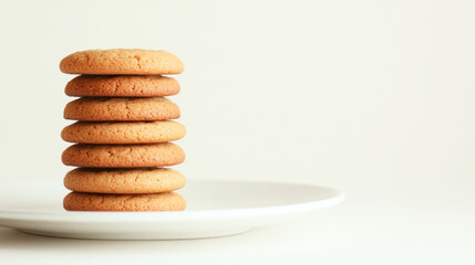 Stack of golden brown cookies on a white plate against a plain background