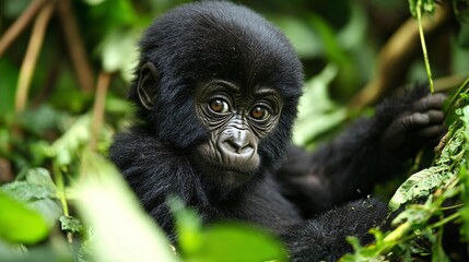 Adorable baby gorilla in Uganda forest