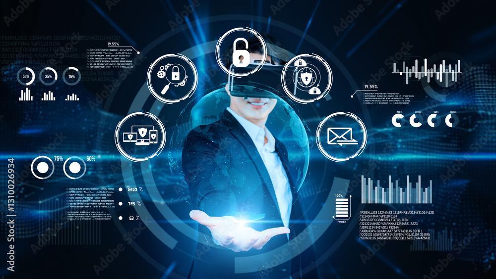 Poster smart business man connecting at global network by using vr glasses. project manager accessing big d