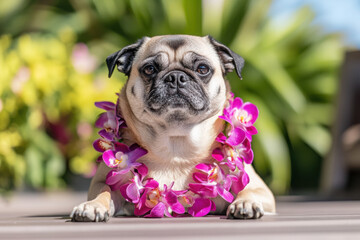 Adorable pug wearing a vibrant pink flower lei, lounging in a sunlit garden with lush greenery in the background.