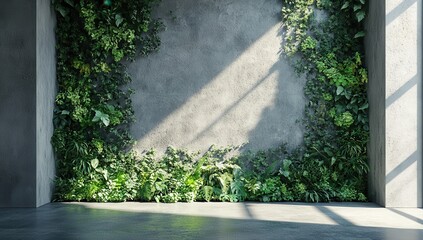 Lush Green Wall with Modern Concrete Background and Natural Light Illuminating Indoor Space for Eco-Friendly Interior Design Inspiration