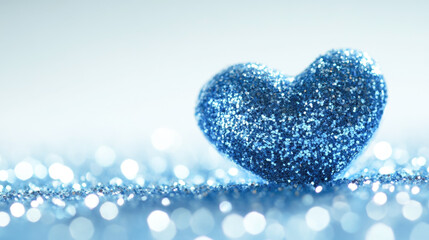 Fototapeta premium Glittering blue heart on sparkling surface with soft bokeh effect
