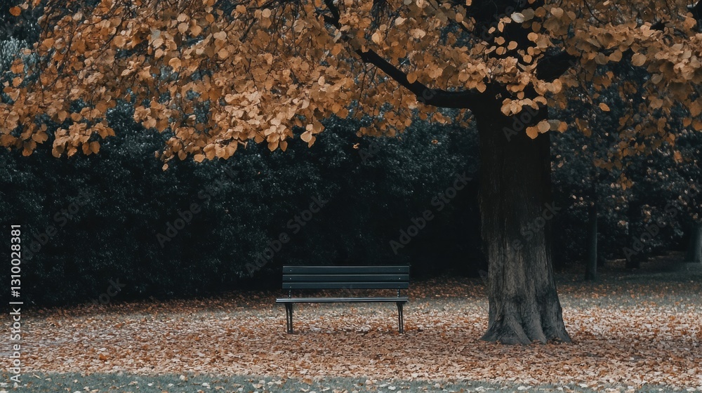 Poster Bench under a tree surrounded by colorful fallen leaves in a peaceful autumn park setting Generative AI