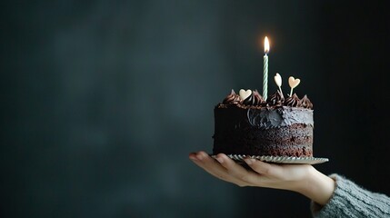  A close-up shot of a person holding a cake with a lit candle on top against a dark background