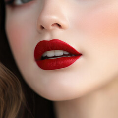 Fototapeta premium Close-up of a young caucasian female with bold red lipstick and smooth skin