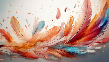 Envolée de plumes de différentes couleurs sur fond blanc