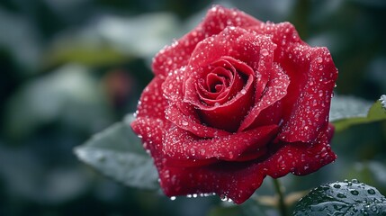 Vivid red rose raindrops macro close-up