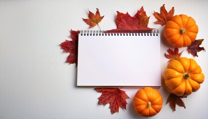 Cozy Autumn Scene Small Pumpkins, Fall Maple Leaves, and Blank Paper Notebook on a White Background Perfect for Digital Art, Home Decor, or Design Inspiration.