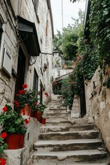 Fototapeta premium Stone Steps in a Charming Old Town Alleyway